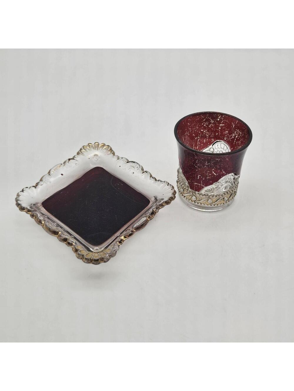 Antique Ruby Stained EAPG Glass Souvenir Cup And Tray